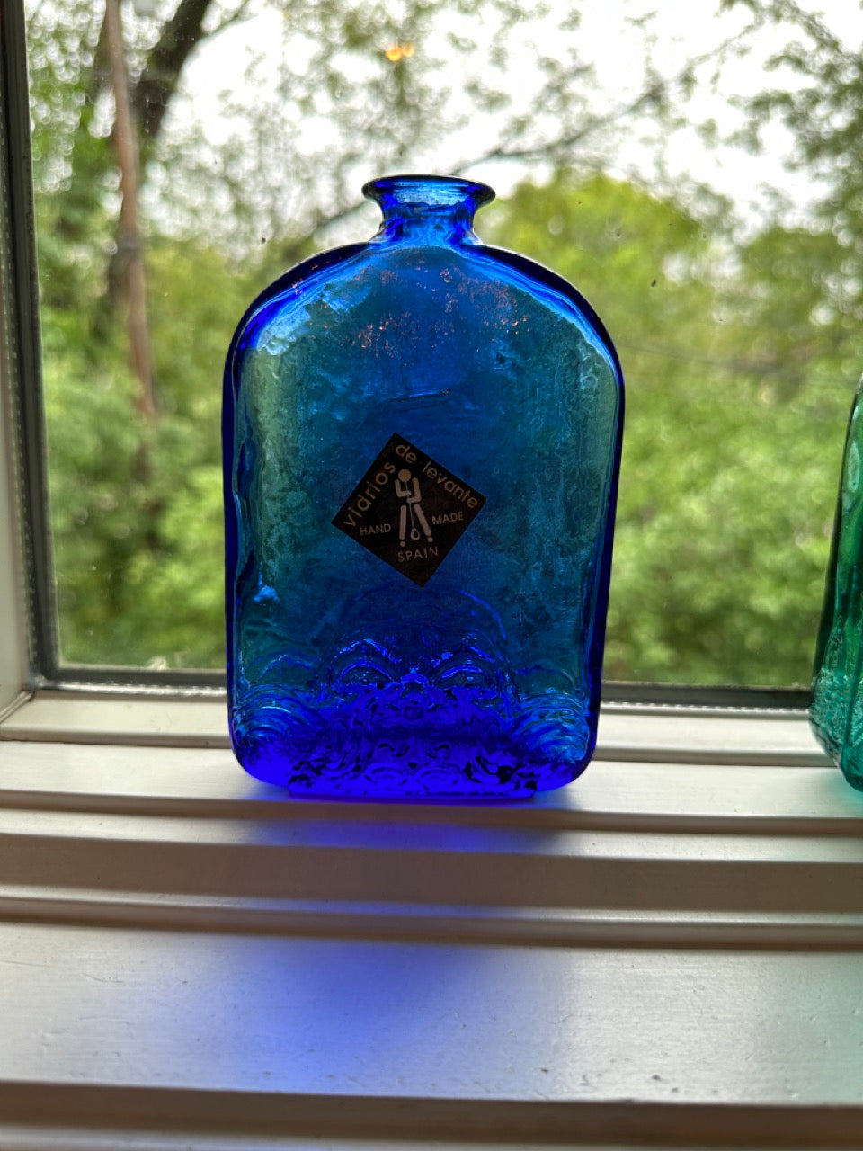 Vintage Vidrios de levante Recycled Glass Bottle, Floral Embossed- Cobalt  Blue