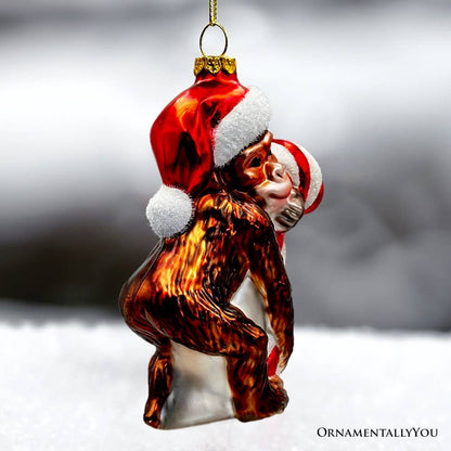 Cute Monkey with Candy Cane Glass Christmas Ornament