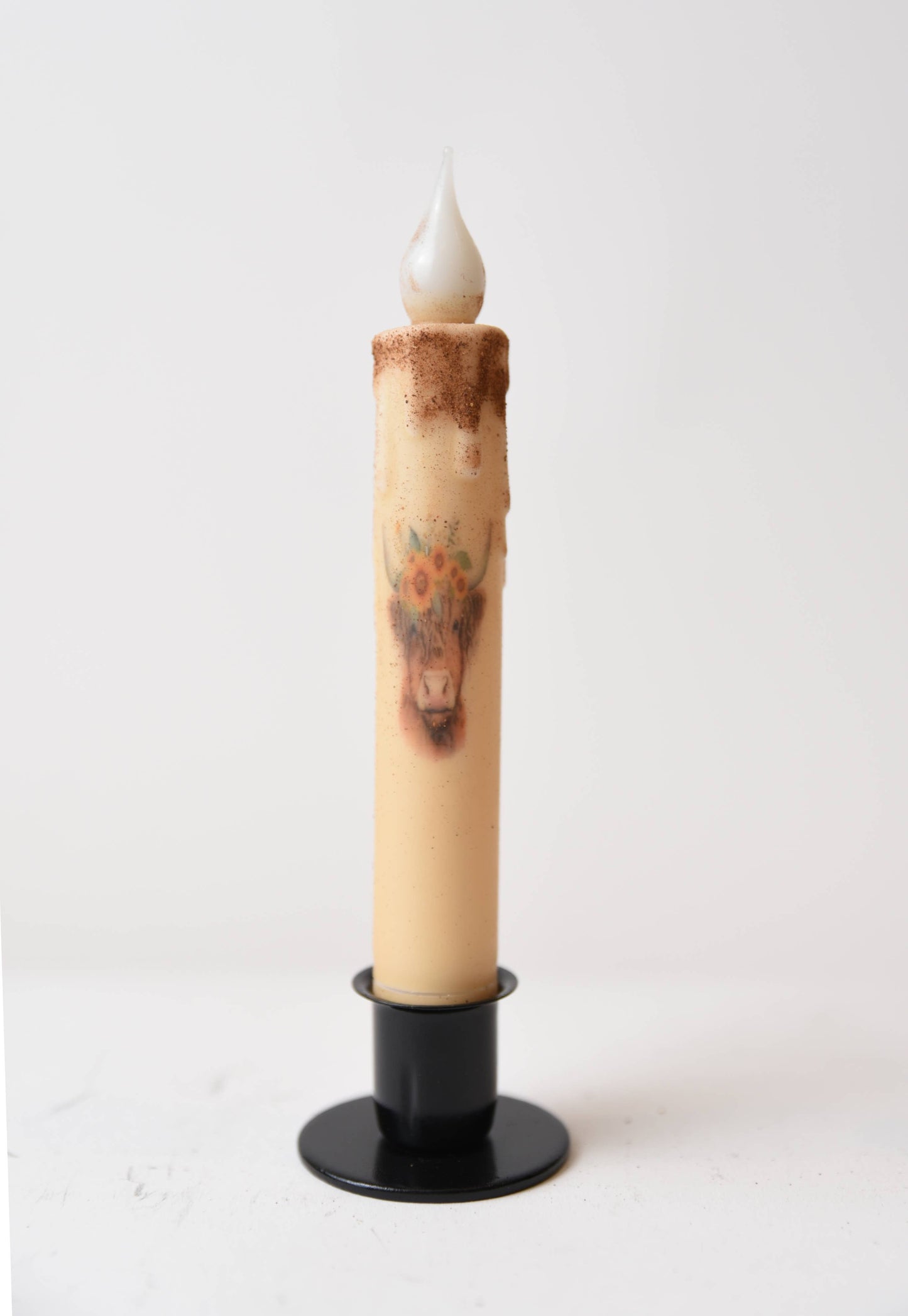 Highlander Cow w/Flowers  LED Timer, square iron base