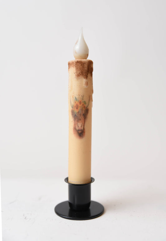Highlander Cow w/Flowers  LED Timer, square iron base