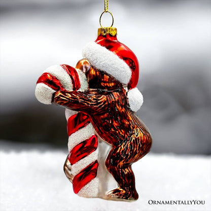 Cute Monkey with Candy Cane Glass Christmas Ornament