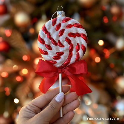 Red Swirl Candycane Lollipop Glass Christmas Ornament