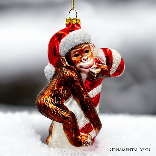 Cute Monkey with Candy Cane Glass Christmas Ornament