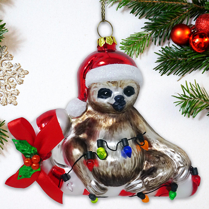 Sloth and Candy Cane Glass Christmas Ornament