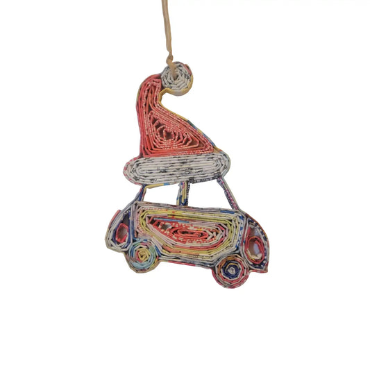 Car + Santa Hat Christmas Ornament - Recycled Paper