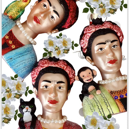 Frida Kahlo + Cat Glass Ornament