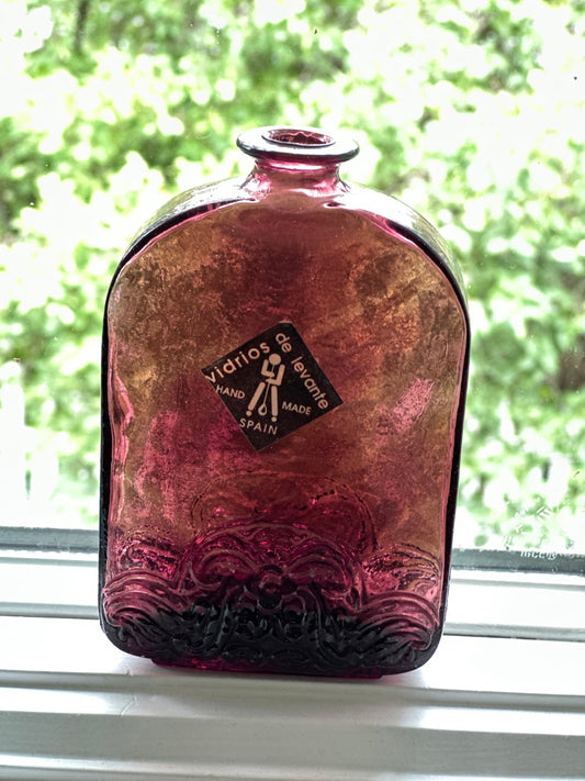 Vintage Vidrios de levante Recycled Glass Bottle, Floral Embossed- Plum