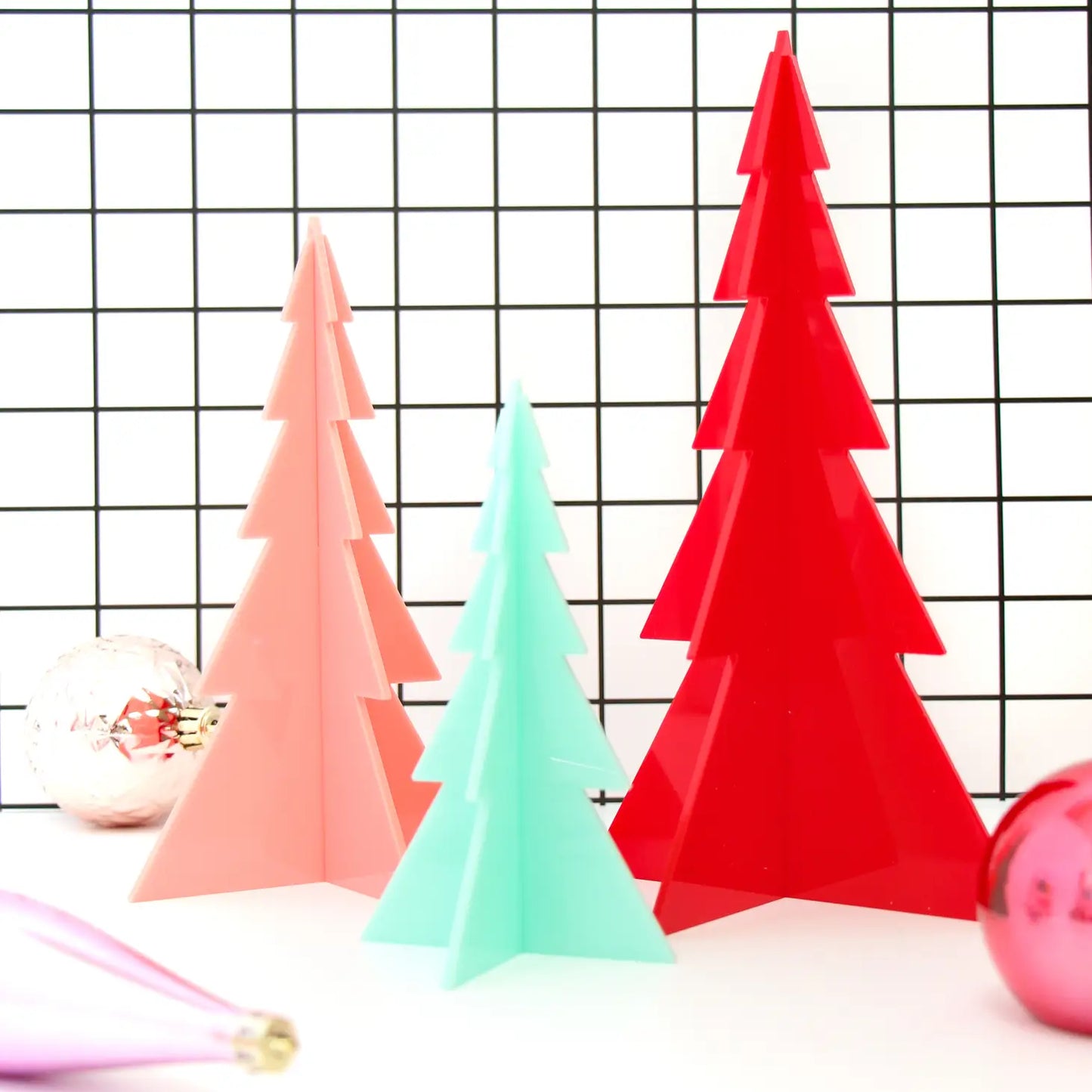 Red, Light Pink, and Mint Acrylic Tree Holiday Decor, clrnc