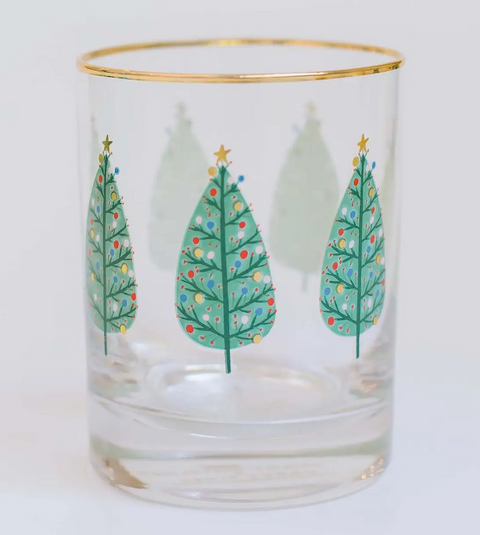 Mary Square Teal Green Christmas Tree 12 Ounce Glass Cocktail Old Fashioned Glass