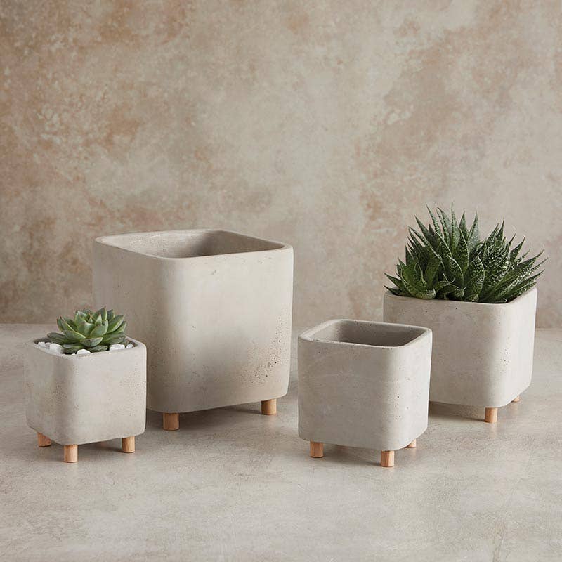 Square Cement Pot With Legs - Medium